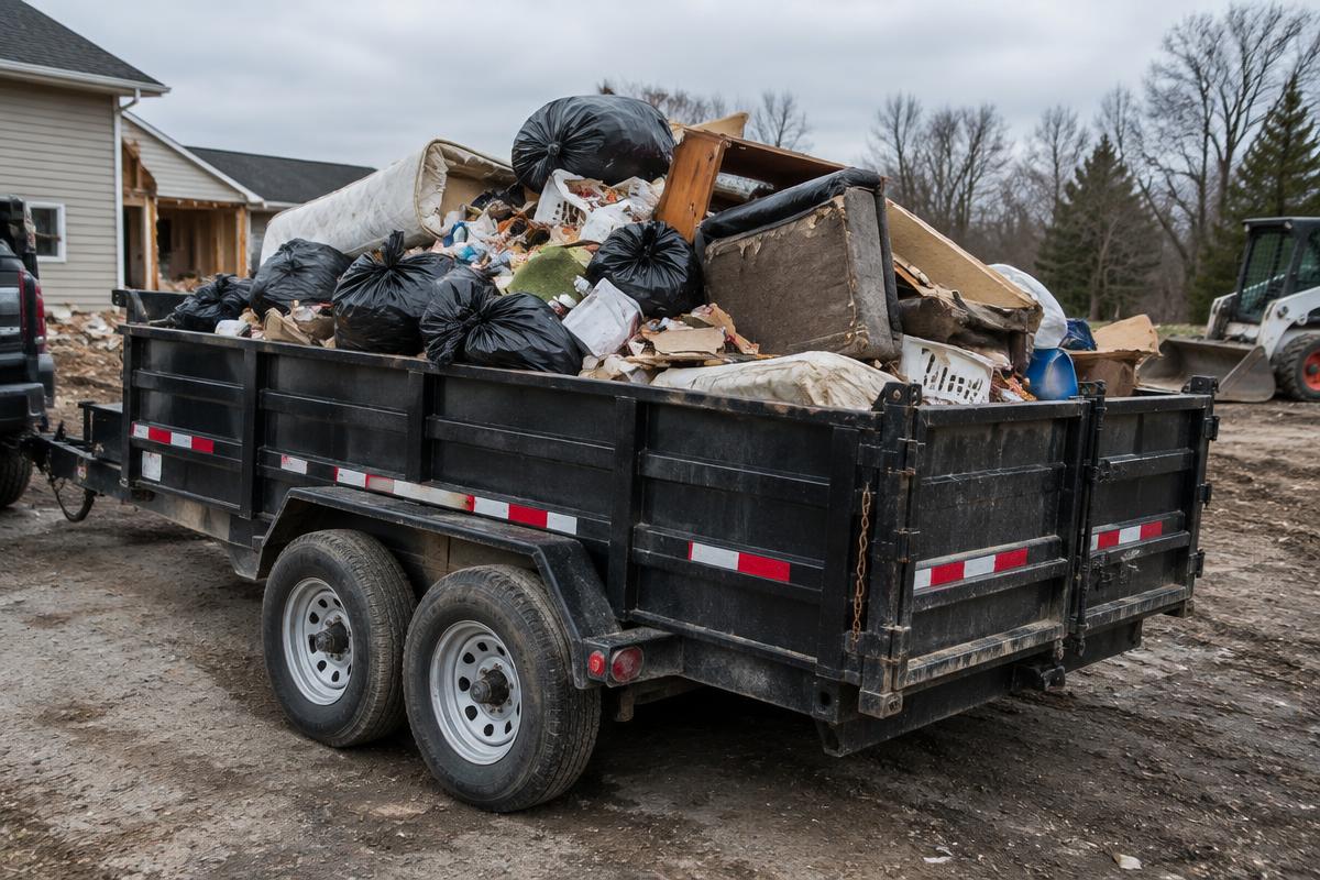 Dump trailer loaded with trash and debris from a cleanout job